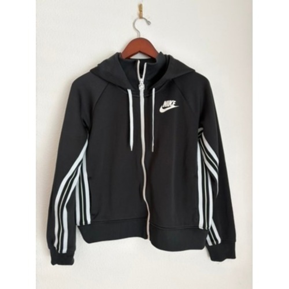 Nike Womens Sportswear Full Zip Hoodie Black White Racing Stripe Jacket Medium